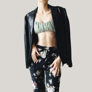 Vintage Y2K Elie Tahari Black Leather Silk Designer Jacket Medium Stitch Lapel M